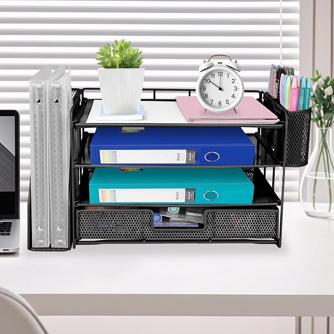 ATOMUS 4 Tier Desk Organizer, File Organizer Drawer Organizer with 2 Hanging Pen Holders Accessories & Workspace Organizers for Office Supplies Pull-Out Design (Black)