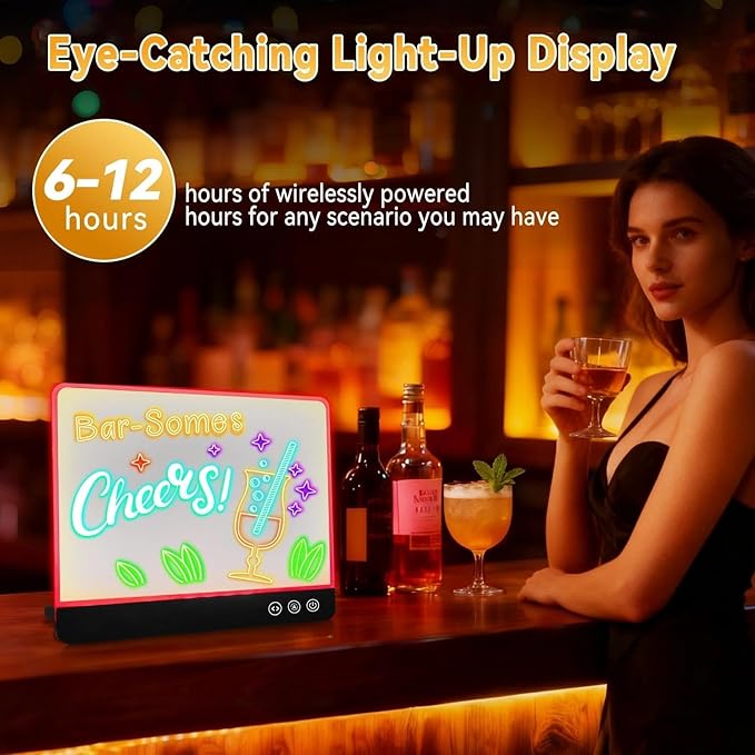 Acrylic Dry Erase Board with Light, Rechargeable LED Memo Board with 7 Colors & 4 Flash Modes, 12"x8" Light Up Desktop Message Board with Foldable Stand, Professional Glowing Note Pad