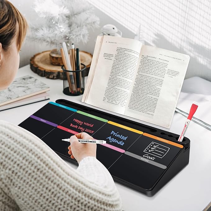 DOLLAR BOSS Glass Desk Whiteboard Calendar Small Dry Erase Board Desktop White Board with Storage Drawer Computer Keyboard Stand Desk Organizer, Colorful Weekly Calendar, Black