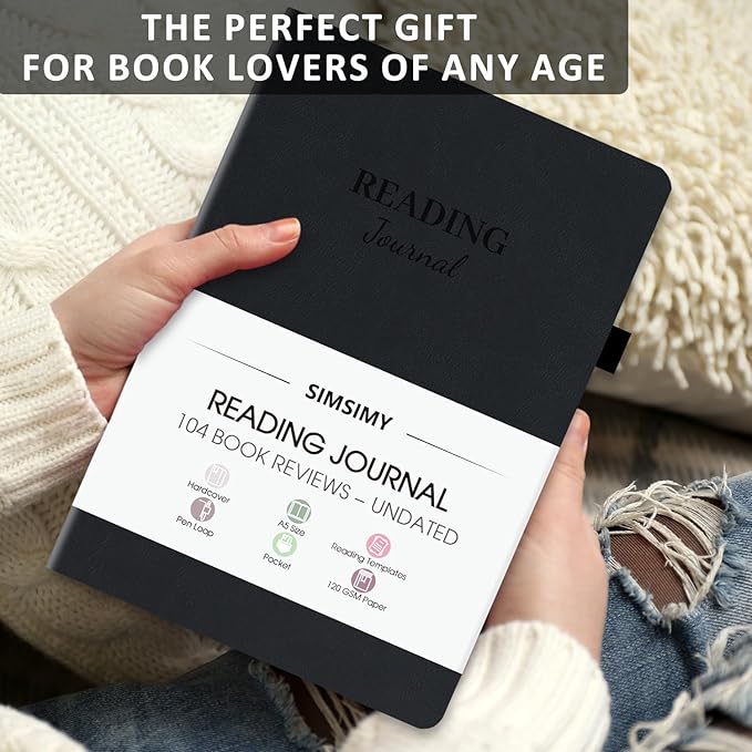 Reading Journal with 104 Book Reviews, Book Journal for Books Lovers & Readers - Review and Track Your Reading Progress, Reading Log Notebook Gift, A5, Black