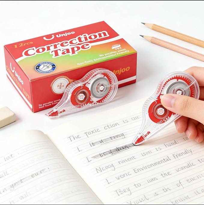 Unjoo White Correction Tape, Easy To Use Applicator for Instant Corrections Wrong Writing At Any Time, For school, Office (12pack, 5M/196" x 0.2", Red)