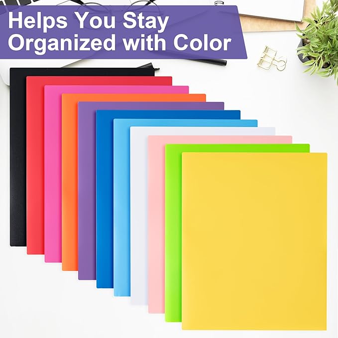 BOOMIBOO Colored Plastic Folders with Pockets (7 Pack, Assorted Bright Colors), Durable Heavy Duty File Folders with Business Card Slot, 2 Pocket Folders for Schoolwork & Office,Letter Size