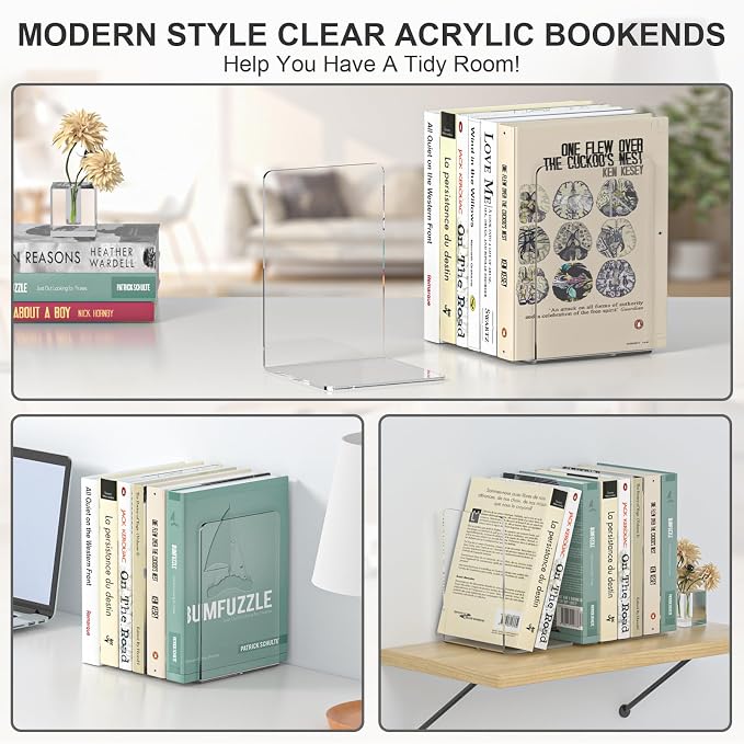 VFINE Acrylic Bookends 8 Pieces, Book Ends for Shelves, Clear Bookends for Shelves Decor Book Ends for Desktop Organizer, Book Stopper for Home Office School Supplies, 7 * 4.8 * 4.75 inch