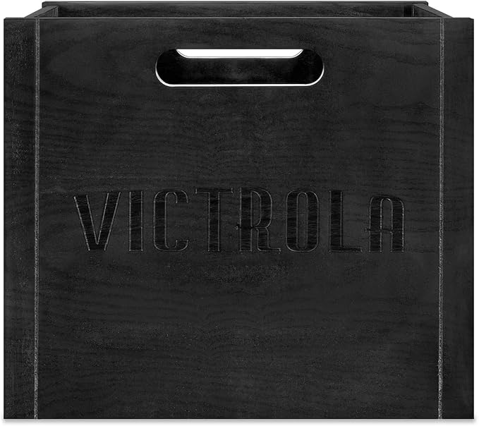 Victrola Wooden Record Crate – Tabletop Vinyl Album Holder, No-Tool Assembly, Holds Over 50 Records, Real Wood Construction, Elegant Design (Black)