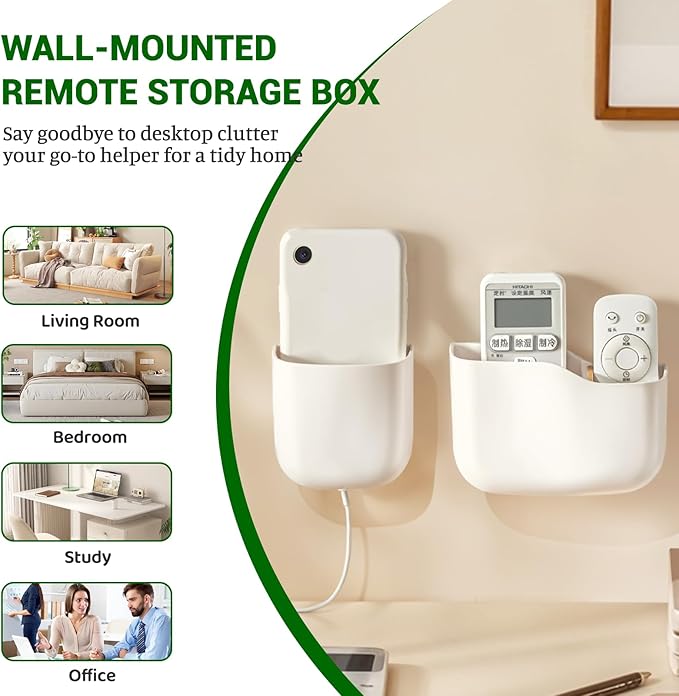 Wall Mount Remote Control Holder, Adhesive Phone Charging Holder, Universal TV Remote Organizer, Controller Storage Organizer Box for Phone, Bedroom, Living Room, Bedside, Office (S*2)