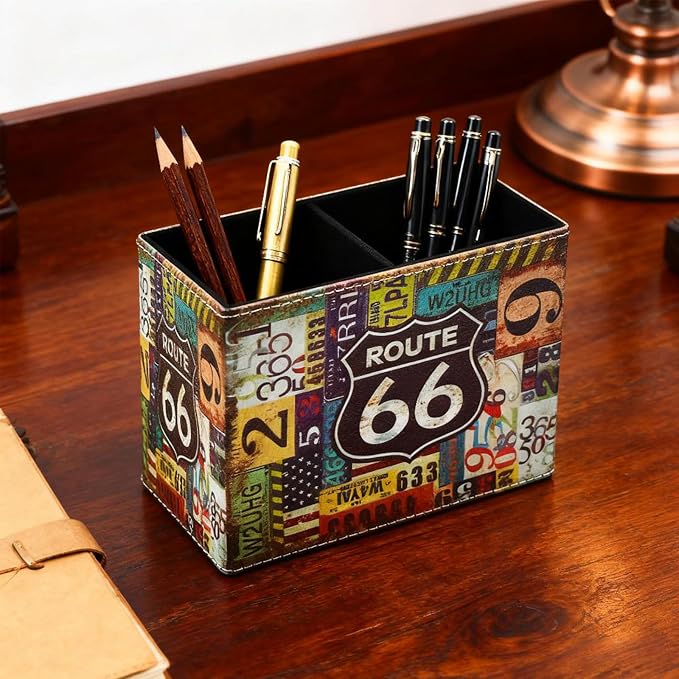 Pen Holder, Rectangle Vintage Pencil Holder with 2 Compartments, PU Leather Art Remote Control Holder Organizer Storage for Desk Accessory (66 Route)