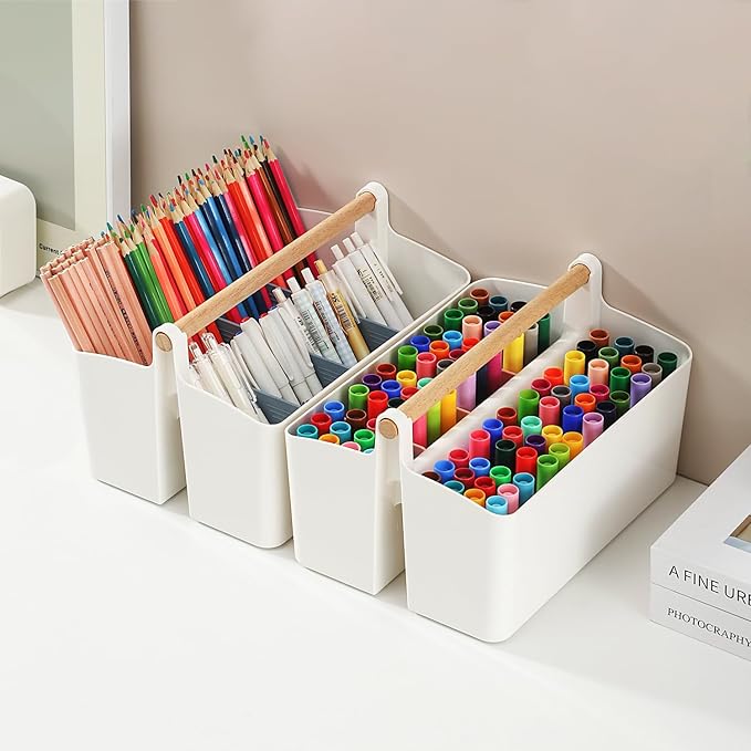 Desk Organizer, Pen Holder, Marker organizer with 8 Compartments - Portable Plastic Pencil Storage Box for Office Supplies, Art Materials, Home Organization (White Large)