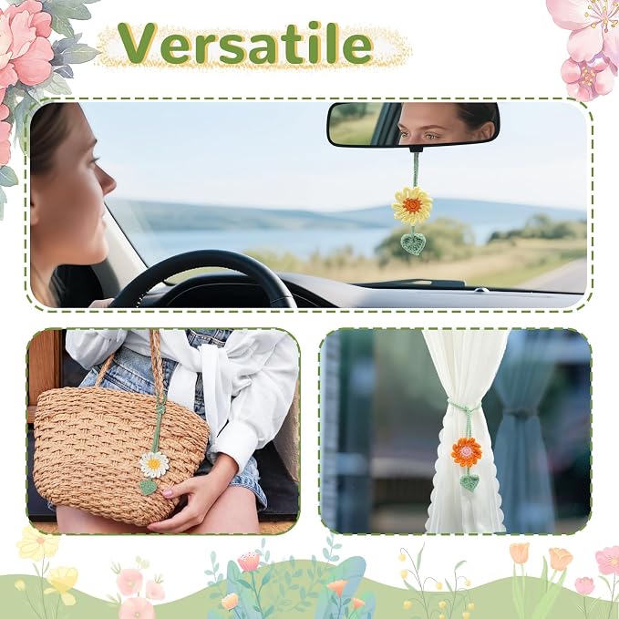 6 Pack Crochet Bookmarks for Women,Daisy Flower Handmade Personalized Cute Bookmarks,Gifts for Book Lovers and Teachers,Bag Charms,Keychain