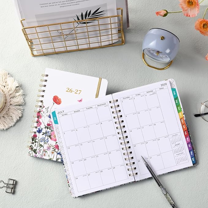 Planner 2026-2027 - Jul. 2026 - Jun. 2027, Academic Planner 2026-2027, 26-27 Planners Weekly and Monthly with Colorful Tabs, 6.3" x 8.4", Hardcover with Back Pocket + Thick Paper + Twin-Wire Binding - Flowers