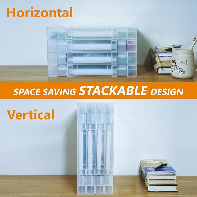 CraftGenes Scrapbook Paper Storage, 4 Pack Stackable Craft Organizers with Handle, Fits More 8.5x11 and School Projects Box, Paper Organizer Storage for Office & Home Organization