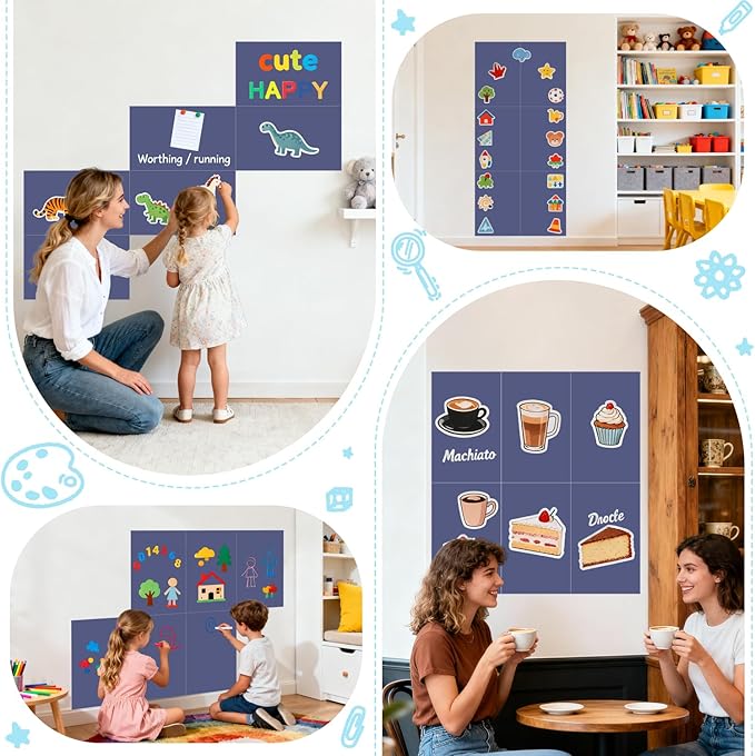 Magnetic Chalkboard Wall Decal Set of 6 Dusty Blue Magnetic Wall Decal for Kids Playroom Peel and Stick Magnet Sheets Magnetic Wall Sticker with Chalk Tangram Puzzle Accessories for Classroom
