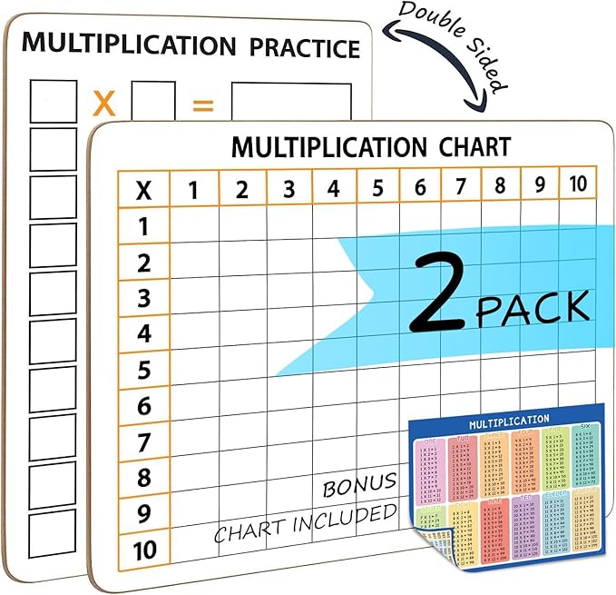 2 Pack Dry Erase Multiplication Chart Whiteboard 9" x 12" Multiplication Table l Double Sided Times Table Math Manipulatives White Board for Kids Students, Classroom and Home, Mini Whiteboard Lapboard