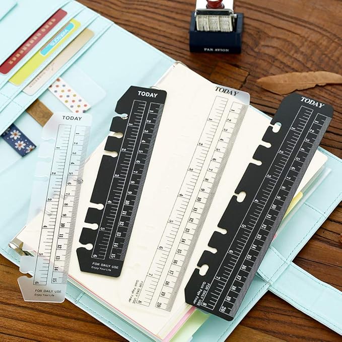 JKJF 4 Pcs Plastic Page Marker Snap-in Bookmark Ruler Binder Ruler for A5 A6 Size 6-Hole Notebook Filler - Clear and Black