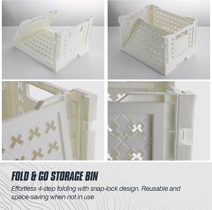 Domiella 2-Pack Foldable High-Strength PP Ventilated Baskets - 12L Collapsible Storage Bins for Kitchen, Camping, Office & Home, Wear Resist Indoor Outdoor Organizer, Medium White