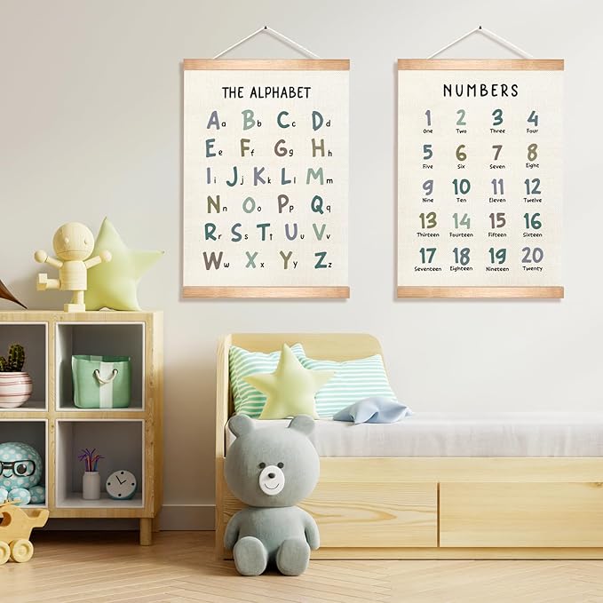 HEYJEEPER Alphabet and Numbers Learning Posters Set of 2,18.5x14 Inch Linen&Canvas Educational Wall Art with Wood Hanger, ABC 123 Chart for Toddlers Classroom Nursery Playroom Decor (Colored Font)