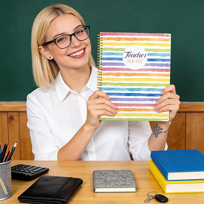 Teacher Planner 2026-2027, July 2026 to June 2027 Academic Year, 8.5" x 11" Lesson Planner Book for Teachers with Colorful Tabs, Teacher Calendar for Classroom or Homeschool, Hardcover, Color Stripe