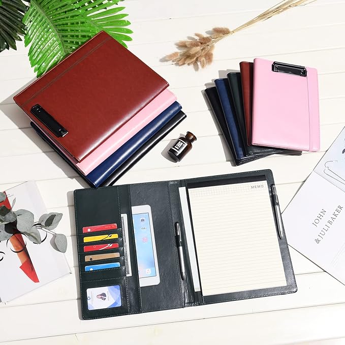 Wonderpool A4 Leather clipboard Folio Notepad with Interior Storage Pocket - Writing Padfolio File Document Case Holder for Office Travel School Hotel Hospital (A4,Green)