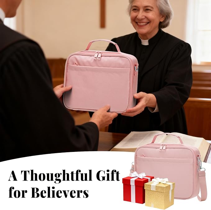 SUNEE Bible Cover for Women, Large Bible Bag w/Shoulder Strap Carrying Book Case w/Pen Slots and Zippered Pocket, Gift for Women & Men, Pink