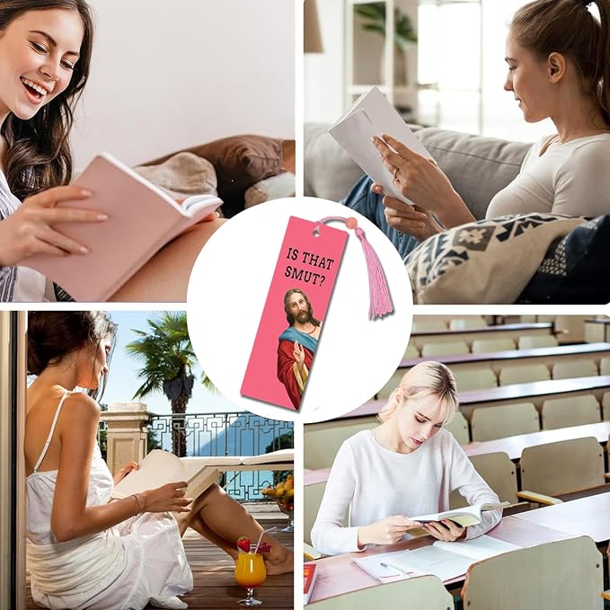 Peeking Jesus is that Smut?Bookmark Inscribed with Hilarious Text and Tassels for Book Lovers,Funny Bookmarks for Adults Humor(Pink-X)