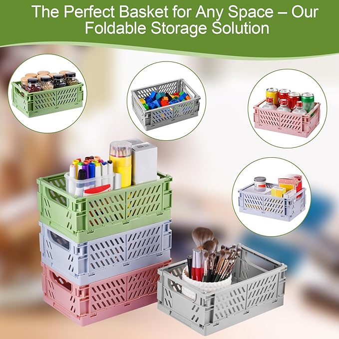 HUUSMOT 4-Pack Small Pastel Plastic Storage Baskets, Collapsible Crates for Organizing, Space-Saving Mini Bins for Classroom, Kitchen, Office, Bedroom (Purple, 9.8" x 6.5" x 3.8")