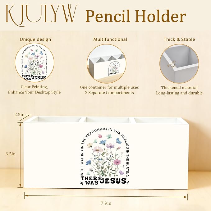Christian Floral Pen Holder for Desk, Faith Based Gifts for Women, Jesus Bible Verse Wooden Box Pencil Pen Holder Organizer for Home Office Desk Accessories