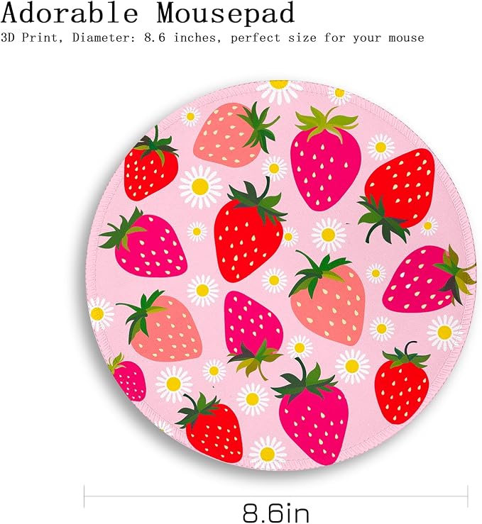 Gctriki Strawberry Mouse Pad, with Stitched Edge Non-Slip Rubber Base, Small Round Comfortable Computer Mousepad for Laptop Gaming Work, Pink Office Desk Accessories for Her