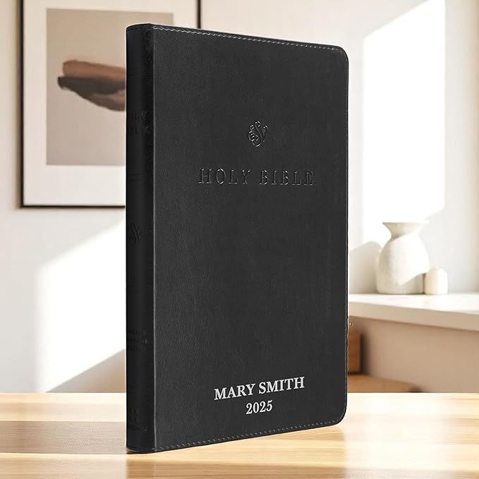 Custom Personalized Black ESV Bible | Small Text | Silver Customized Name | Faux Leather Premium Church Bible | English Standard Version Translation with Lay Flat Design