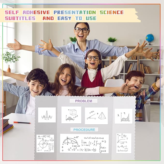 Teling 40 Pcs Trifold Poster Board 36" x 48" Large Science Fair Display Board Lightweight Fold Presentation Paperboard 8 Trifold Display Paperboard and 16 Letter Stickers and 16 Pcs Science Titles