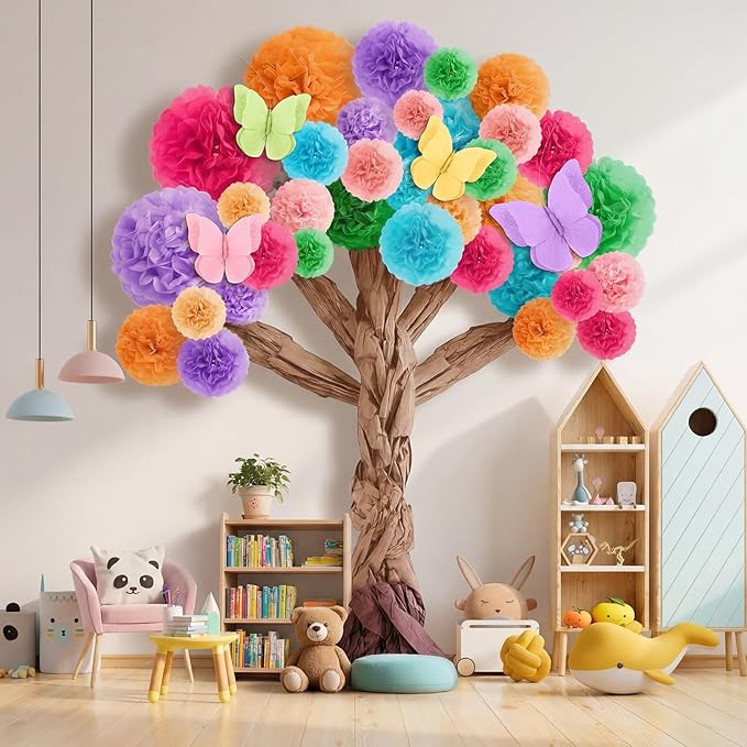 Pasimy 3D Cardboard Tree for Classroom Wall Bulletin Board - DIY Blooming Tree with Paper Pom Poms Pastel Butterflies Kraft Crafts for Kindergarten Preschool Elementary Daycare School Decorations