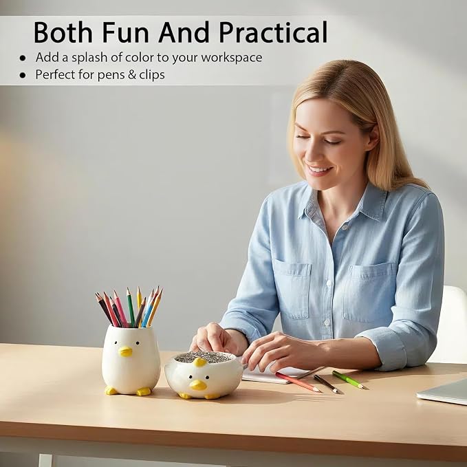 Desk Organizer Set of 2 For Office School Ceramic Pen and Paper Clip Holder for Desk Cute Cartoon Animal Stand Pencil Cup Pot Desk Organizer - Set incl. Ceramic Pen Holder and Paper Clip Holder