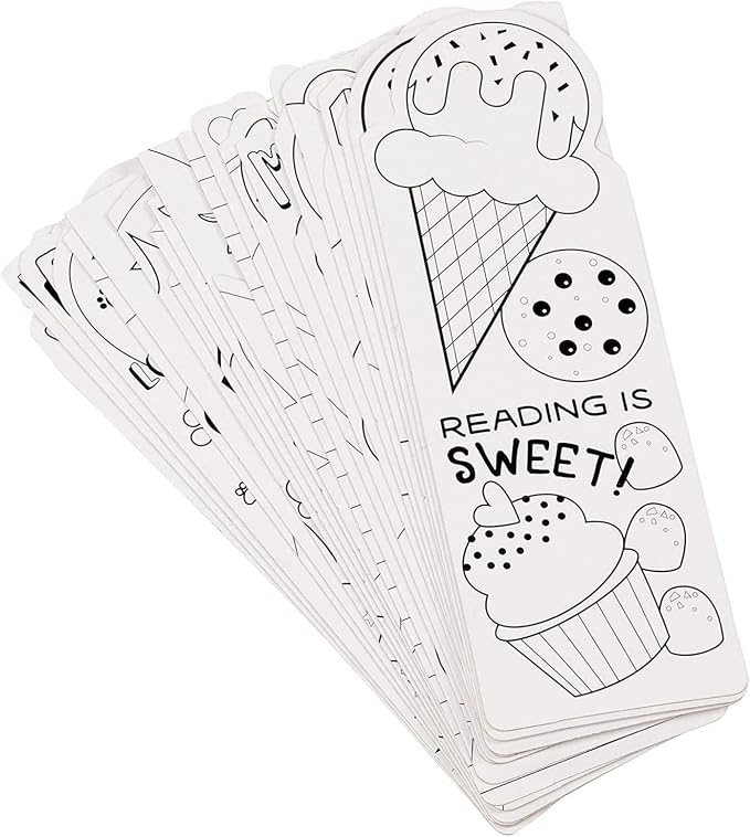 Juvale Bookmarks for Kids - 24-Pack, 2 x 6 in, White Cardstock - DIY Kit & Color Your Own Bookmarks with Bookworm Designs for Classroom Art & Party Favors