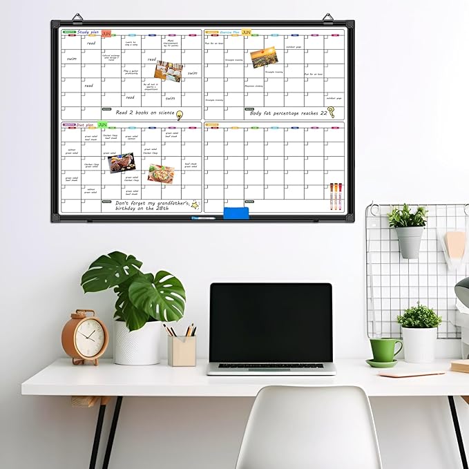 4 Month Dry Erase Calendar for Wall 36" x 24", Magnetic Calendar Whiteboard with Black Aluminum Frame, Magnetic White Board Calendars for Office Home and School