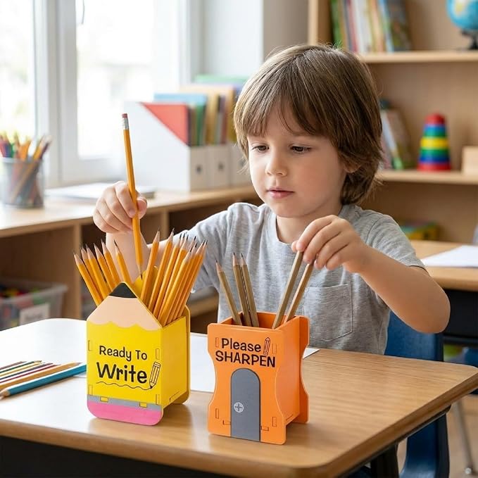 Sherr 2 Pcs Wood Pencil Holder Pencils and Sharpener Shaped Sharp and Dull Pen Holder Back to School Wooden Dispenser Storage Organizer for Classroom(Pencil and Sharpener,Yellow and Orange)