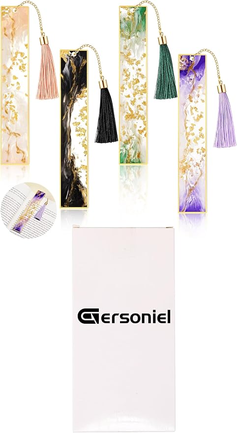 Gersoniel 4 Pieces Resin Bookmarks Handmade Resin Gilt Bookmarks with Tassels Presents for Women Kids Students Teachers and Book Lovers School Home Reading(Bright Color)