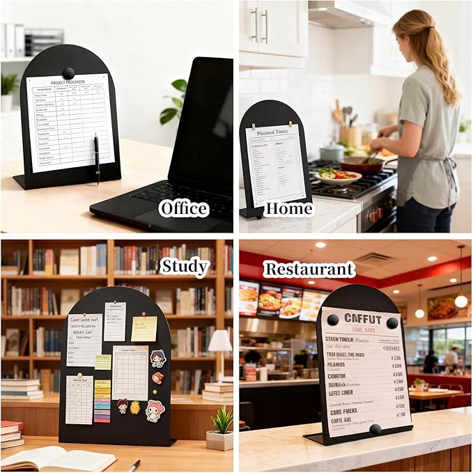 2 Pcs Black Magnetic Bulletin Board for Tabletops - 10x7 Inch Arched Memo Display Easel Stand with 8 Magnets, Metal Memo Board for Home, Office, School, Kitchen, Restaurant Supplies