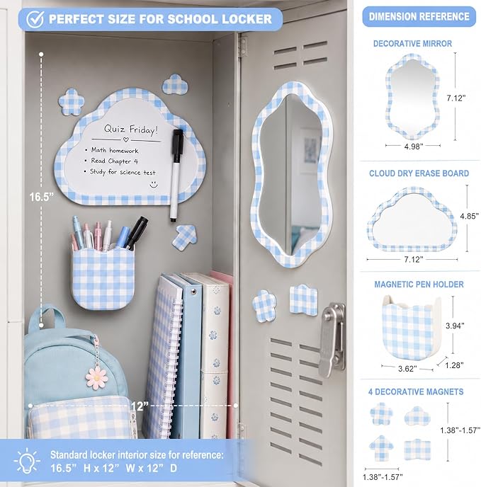 Svartur Magnetic Locker Accessories Set - Locker Mirror, Dry Erase Whiteboard, Magnetic Pen Holder & Cute Magnets, Aesthetic School Locker Decor for Girls, Locker Organizer Kit, Blue