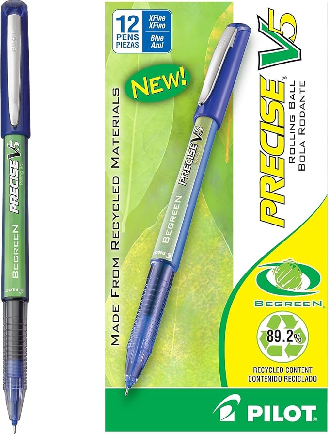 PILOT Precise V5 BeGreen Liquid Ink Rolling Ball Stick Pens, Extra Fine Point (0.5mm) Blue Ink, 12-Pack (26301)