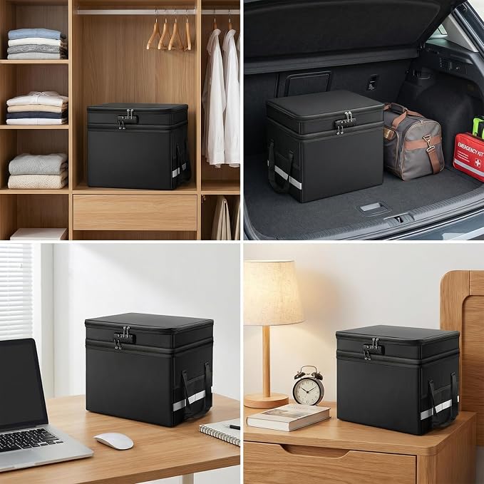 novelinks File Box with Lock, Fireproof Document Box for Home Office,Collapsible Storage Box with Mesh Pockets & Zipper & Handle, Cabinet for Hanging Letter/Legal Folder,Black (Double-layer)