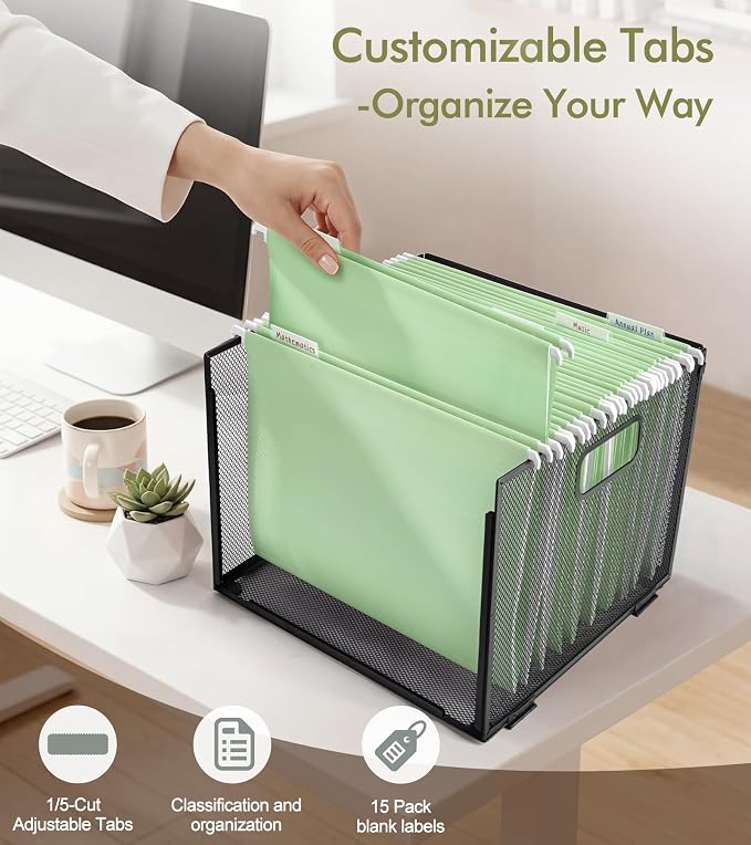 Plastic Hanging File Folders Letter Size, Colored Hanging File Folders with Tabs, Durable Waterproof Plastic Hanging Folders for Filing Cabinets, Office, School & Home Organization (15, Green)