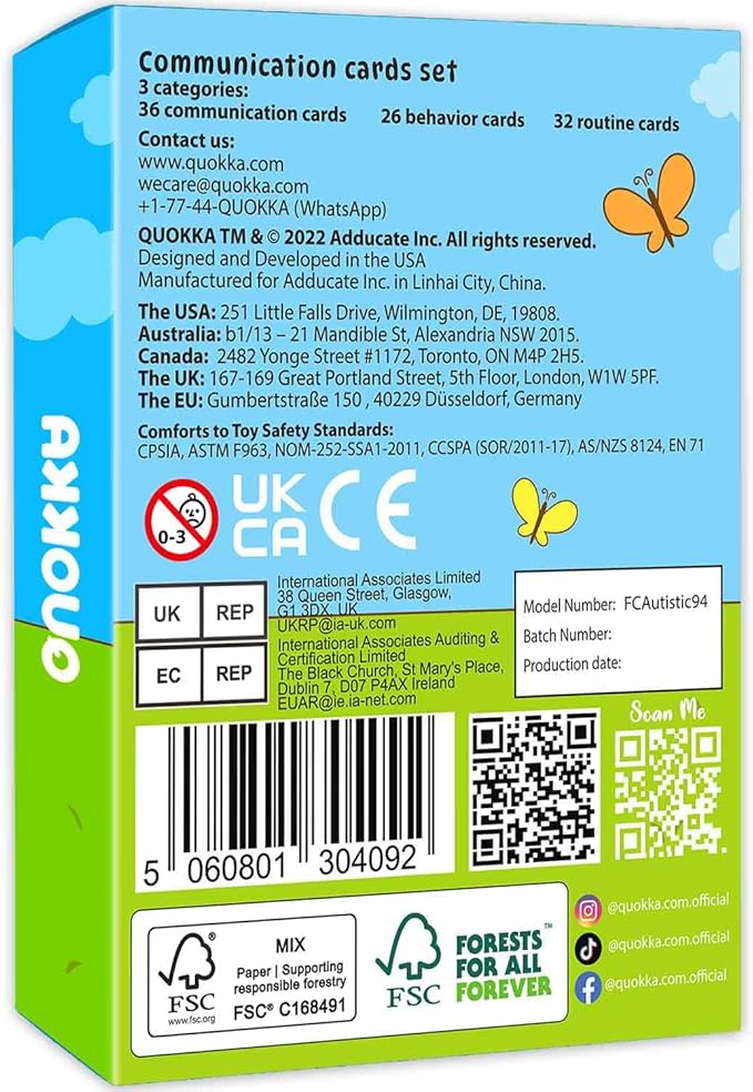 QUOKKA Autism Learning Materials - 94 Communication Cards for Kids - Visual Cards for Non-Verbal Communication, Pictured Speech Therapy, Emotion & Routine Flashcards, Water-Resistant, 3 Rings & Clip