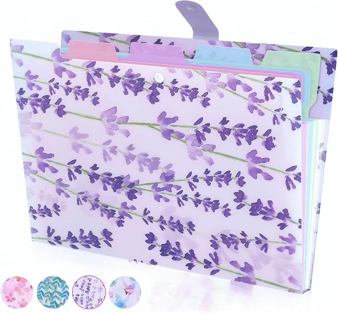 Folder Organizer Expanding File Folder Patternted - Accordion Document Organizer with 5 Pockets and Labels, Waterproof A4/Letter Size for School Office Home (Lavender)