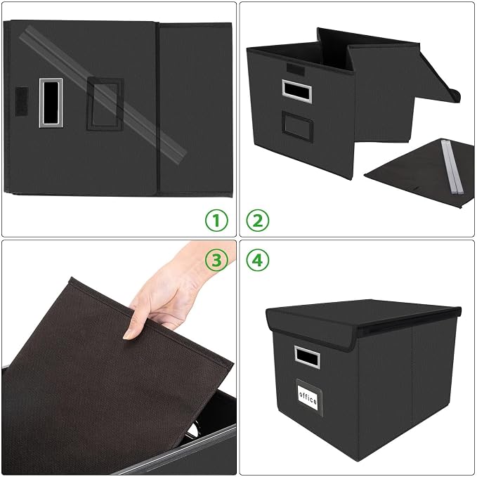 File Organizer Box with Lid, Collapsible Faux Leather Hanging File Folder Box Organizer with Plastic Slides, Decorative Home/Office Filing System Boxes for File and Folders Storage