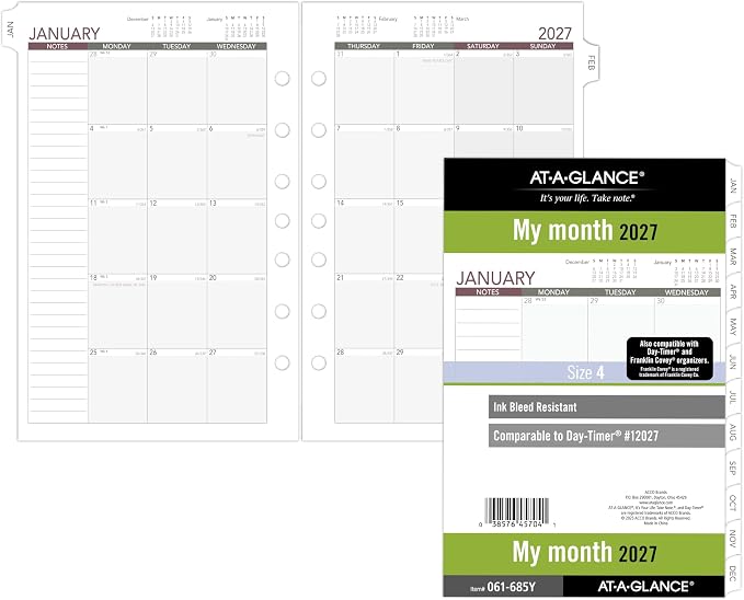 AT-A-GLANCE 2027 Planner Refill, Monthly, 5.5" x 8.5", Desk Size 4, Tabbed, 7-Ring Loose-Leaf, Unruled Blocks (061-685Y-27)