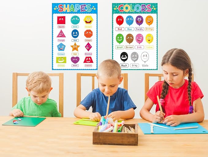 D4DREAM Preschool Posters - 2Pcs Toddler Learning Posters Laminated Shapes Color Poster for Classroom Decoration Pre-K Kindergarten Homeschool Nursery Daycare Essentials for Teacher Supplies