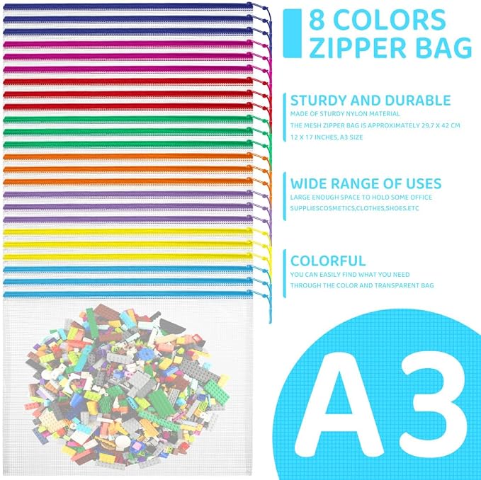 YOPCDJ 24pcs Mesh Zipper Pouch Bags, Large A3 17x12 Inches Reusable Zipper Bags Puzzle Storage 8 Colors Multipurpose for Board Games Travel Office Supplies and Home Organization