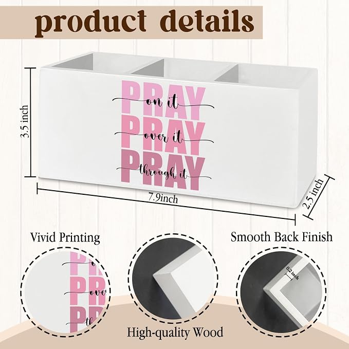 Pink Christian Bible Pen Pencil Holder Organizer for Desk Accessories, Pray on Over Through It Wooden Box Sign Desk Decor for Home Office Decoration, Christian Gifts for Women Men