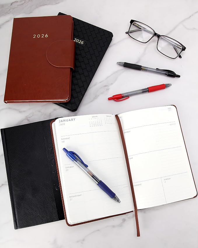 WORLD TRAVELER 2026 Planner - 6x8 Inch Weekly and Monthly Calendar Planner Agenda Book with Bookmark & Ribbon for School and Office, Size 6X8, Bown Leather