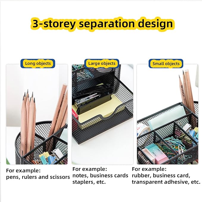 Desk Organizer Mesh Desktop Office Supplies Multi-functional Caddy Pen Holder Stationery with 8 Compartments and 1 Drawer for Office, Home, School, Classroom (Black)