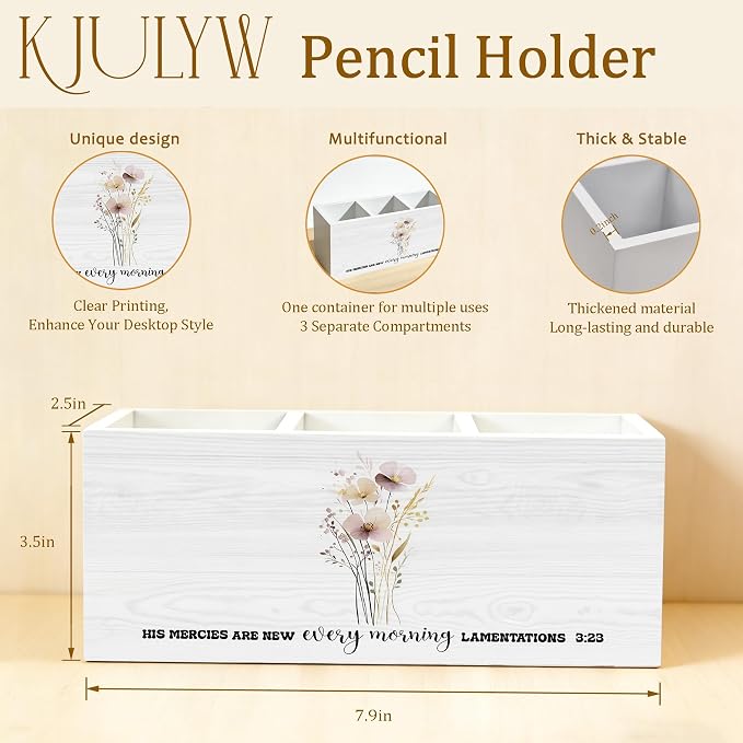 Christian Floral Pen Holder for Desk, Christian Gifts for Women, His Mercies Are New Every Morning Religious Wooden Box Pencil Pen Holder Organizer for Home Office Desk Accessories