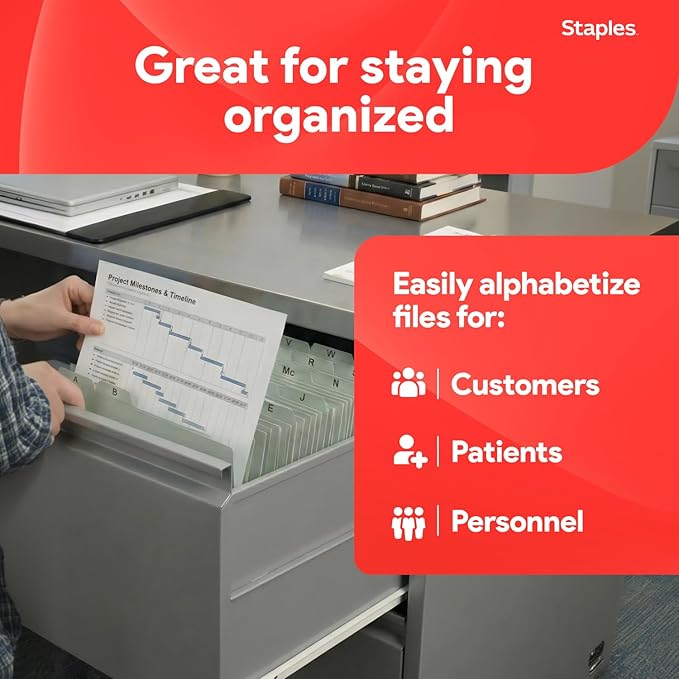 Staples A–Z Index File Guides, Letter Size, Light Green, Durable Alphabetical Filing Tabs for Drawers, Cabinets & Office Organization – 25/Set